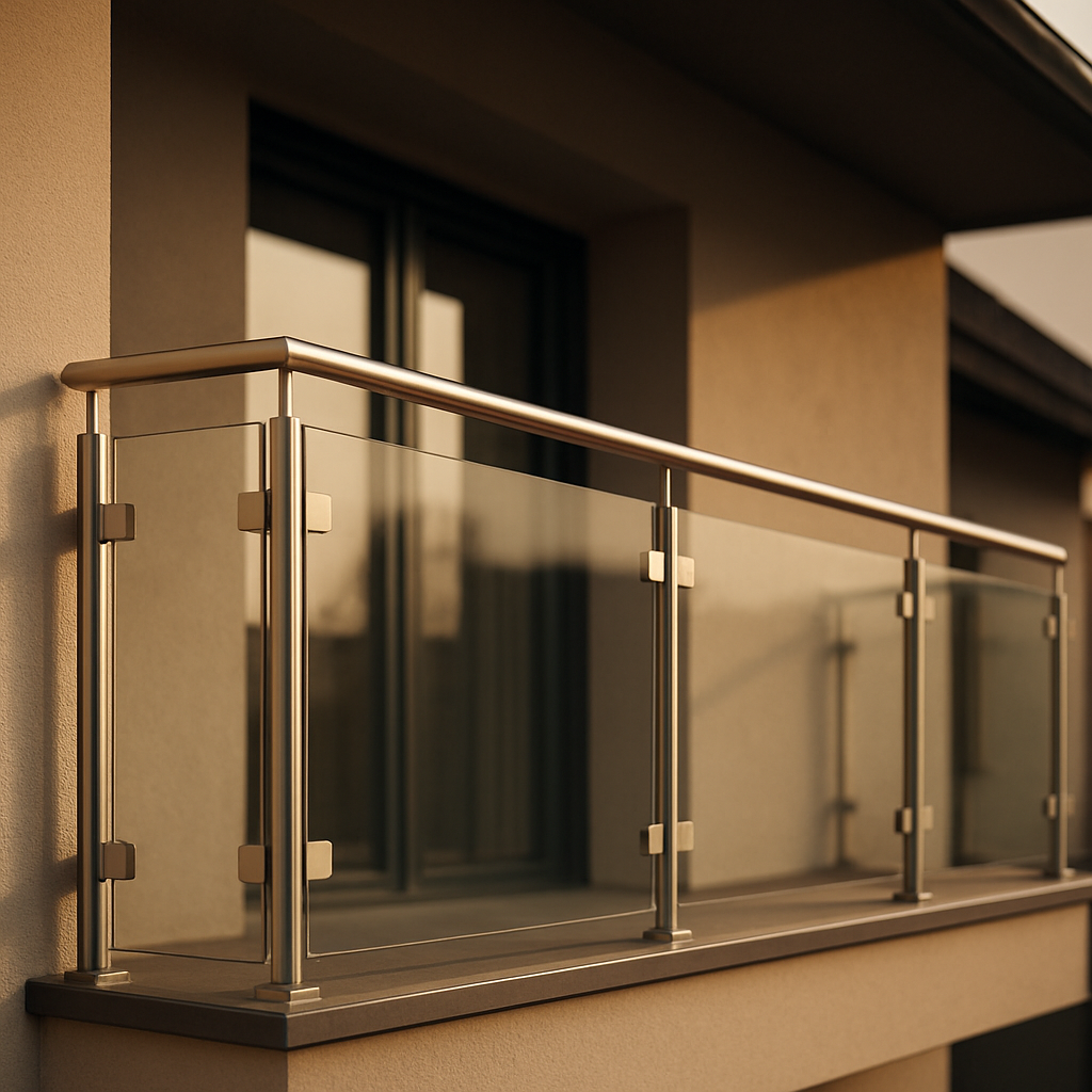 Modernes Balkongeländer aus Edelstahl und Glas an einem Wohnhaus
